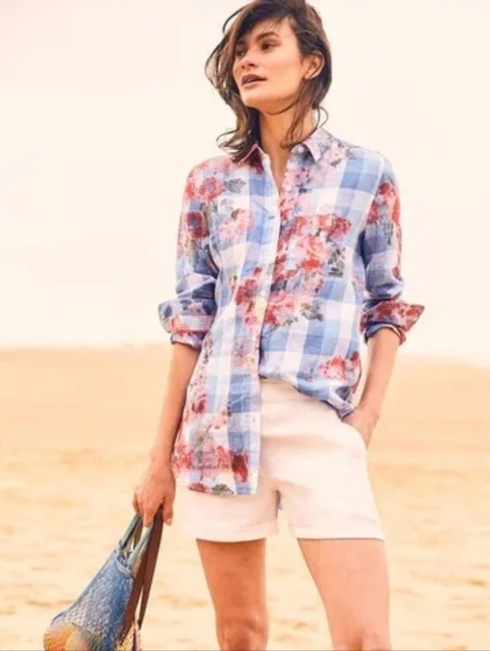 Joules Jeanne Blue Linen Floral Longline Blouse Top Size 14 Coastel Gingham